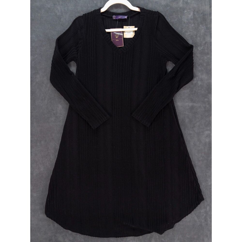 King of Kings By Her Ribbed Black Dress Long Sleeve V Neck Small Swing Midi